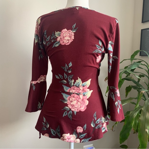 iZ Byer Burgundy Floral wrap top - Picture 2 of 8